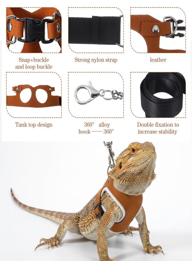 طقم مقود وحزام للتنين الملتحي، 3 قطع من الجلد الصناعي، حزام ومقود قابل للتعديل للتنين الملتحي، حبل جر للسحالي والحيوانات الصغيرة للمشي في الهواء الطلق (بني/صغير، متوسط، كبير) - Image 3